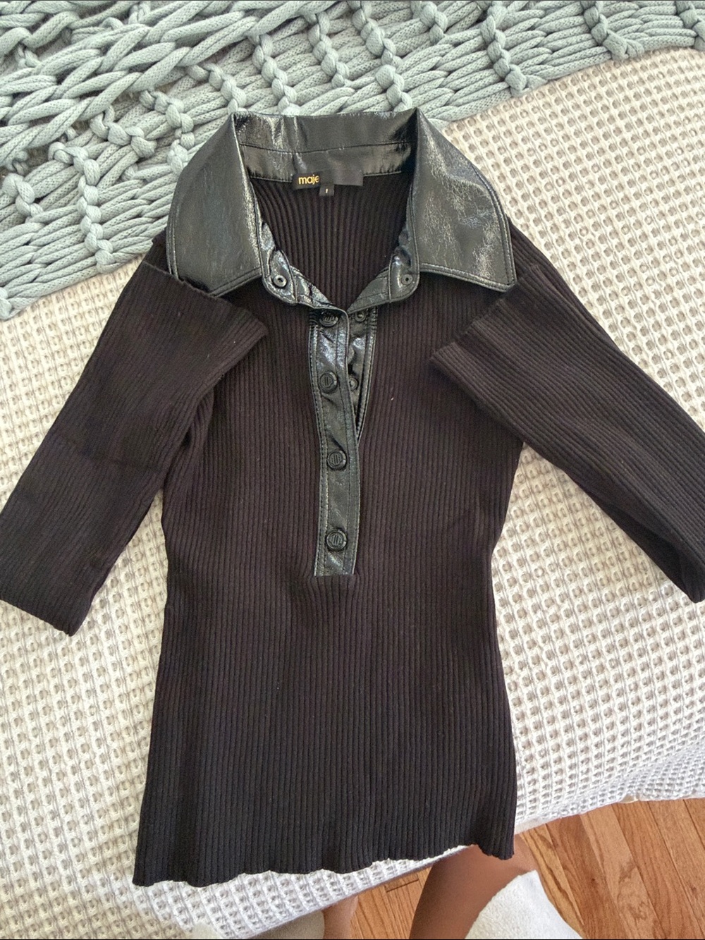 Maje Black Ribbed Knit Top with Shiny Collar